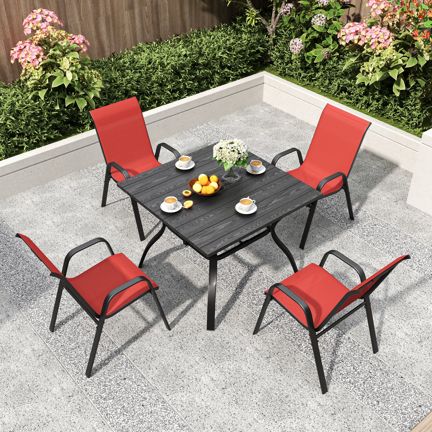 5-Piece Outdoor Patio Dining Set, Vintage Wood Grain Table with Umbrella Hole + 4 Ergonomic