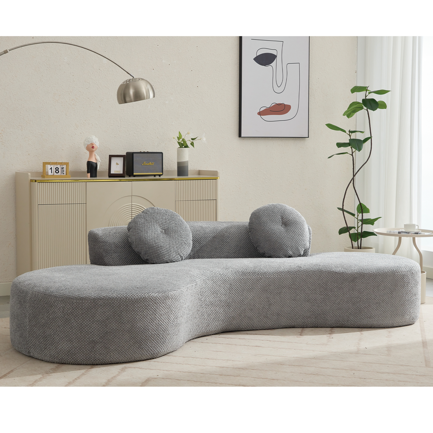 105.5''Curved Sofa, Modern Minimalist Sofa, Cloud Couch Sofa 3-4 Seater Couch with 2 Pillows,Bedroom,  No Assembly Required, Point-shaped corduroy,(Anti-Wrinkle) , Gray