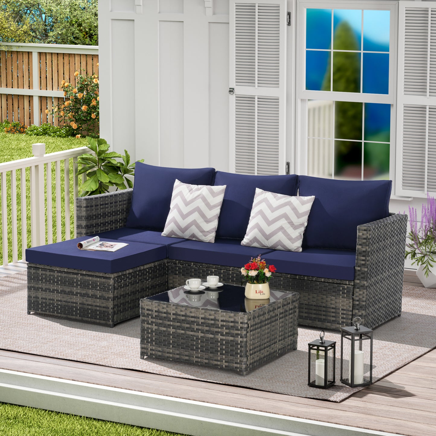2 Piece Outdoor L-Shaped Wicker Patio Set – Sectional Sofa with Ottoman, Rattan Garden Furniture