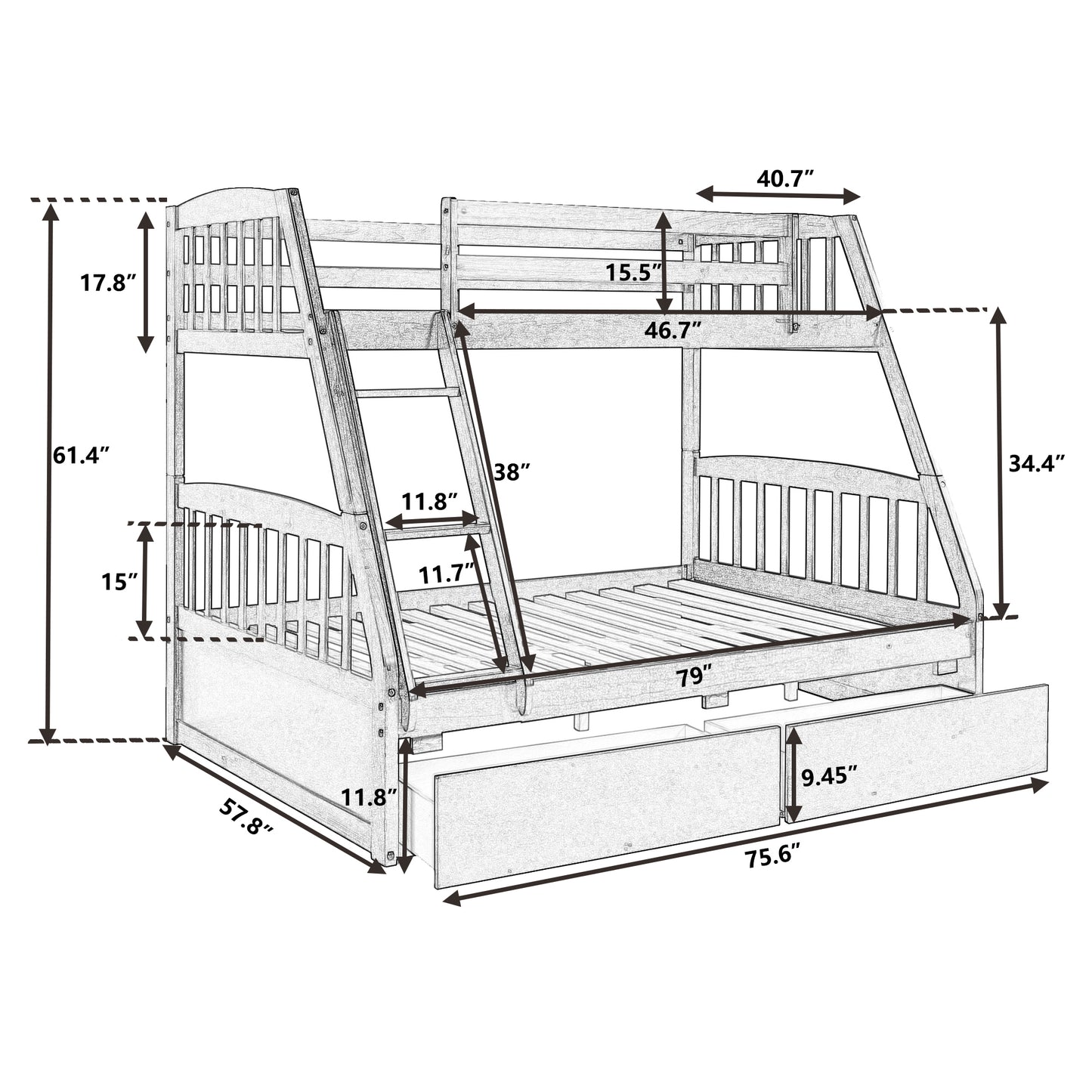 Solid Wood Twin Over Full Bunk Bed with Two Storage Drawers, White