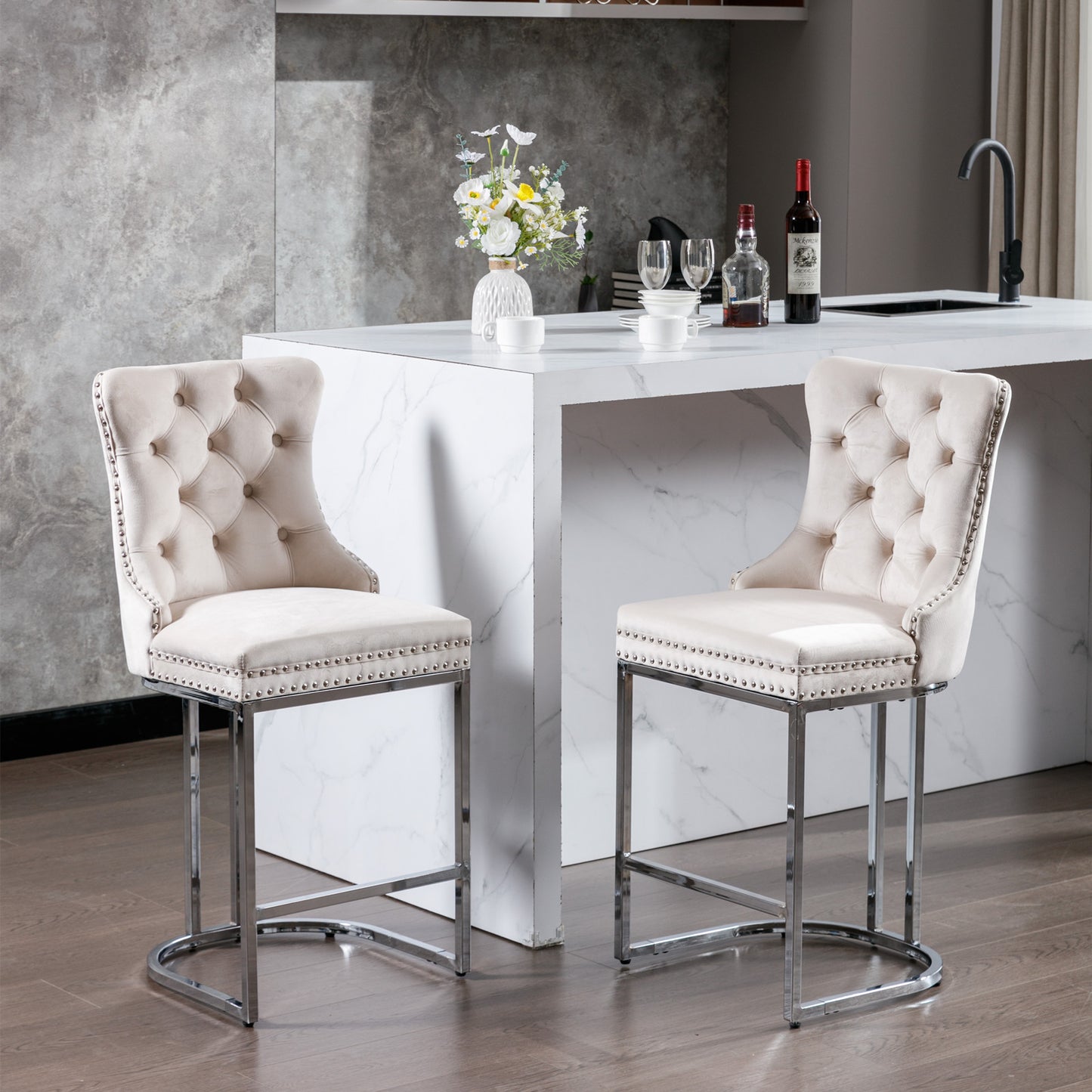 26' Counter Height Bar Stools Set of 2, Modern Velvet Barstools