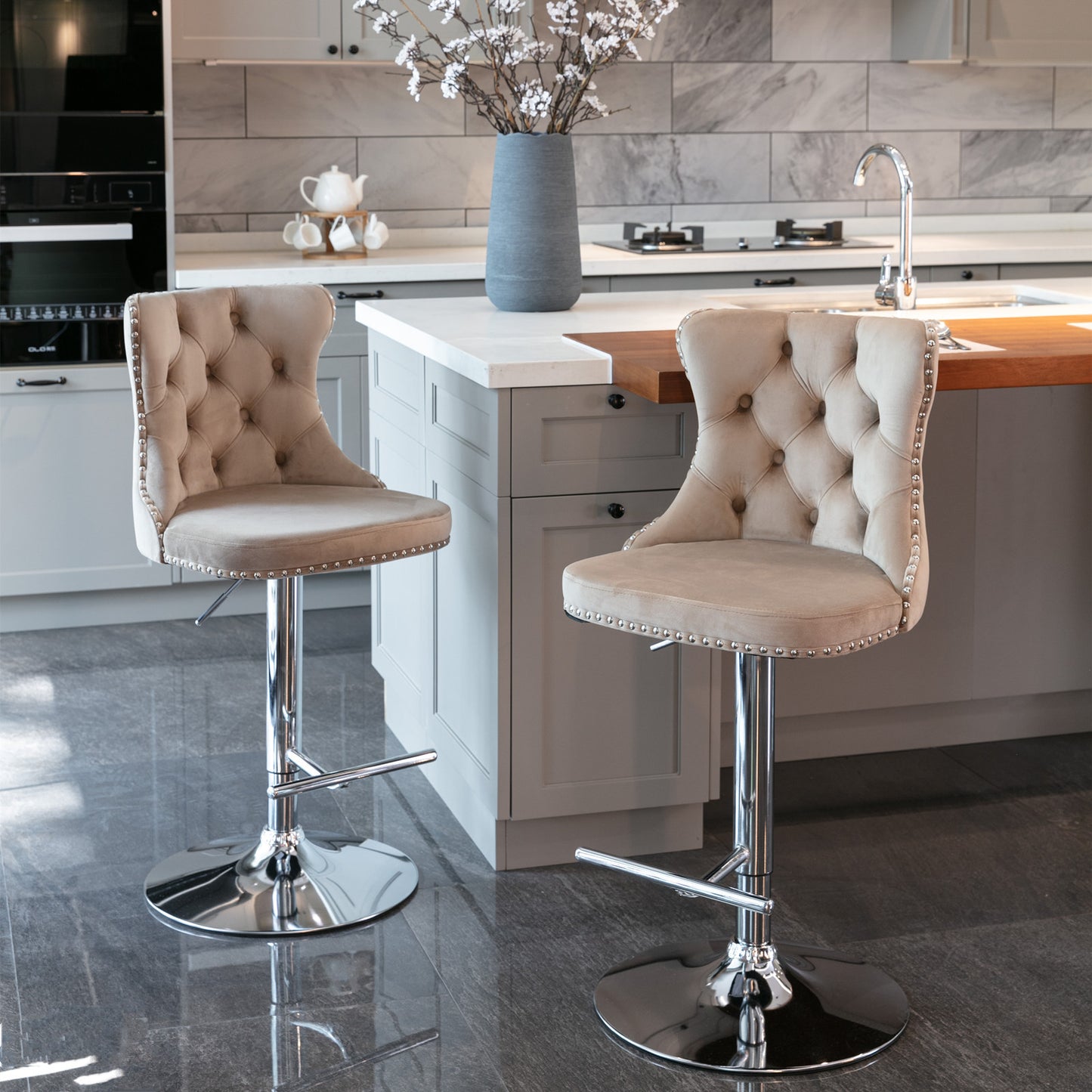 Modern Swivel Velvet Barstools with Adjustable Height 25-33 Inch, Set of 2