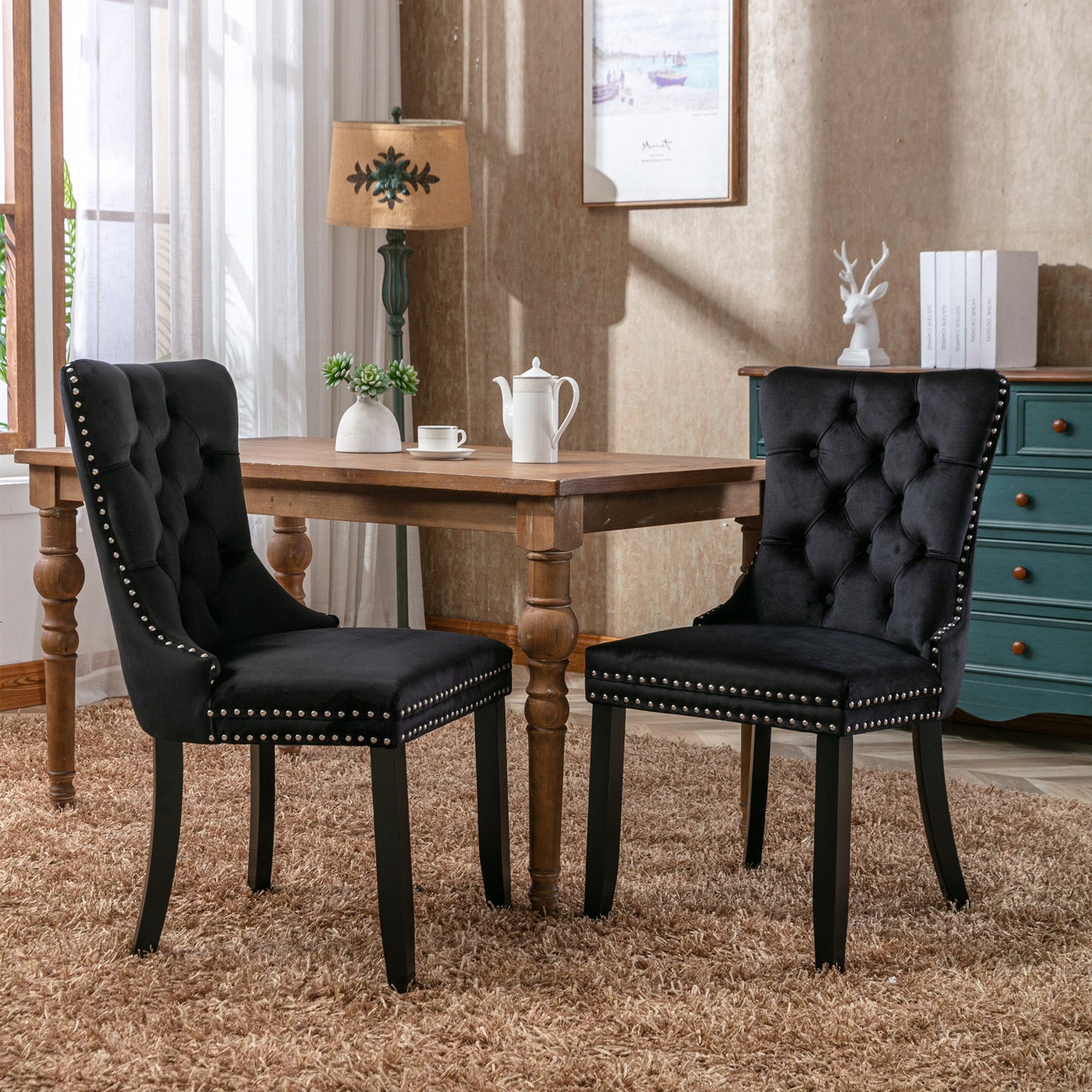Nikki Collection Modern Tufted Velvet Dining Chair with Wood Legs, 2-Pcs