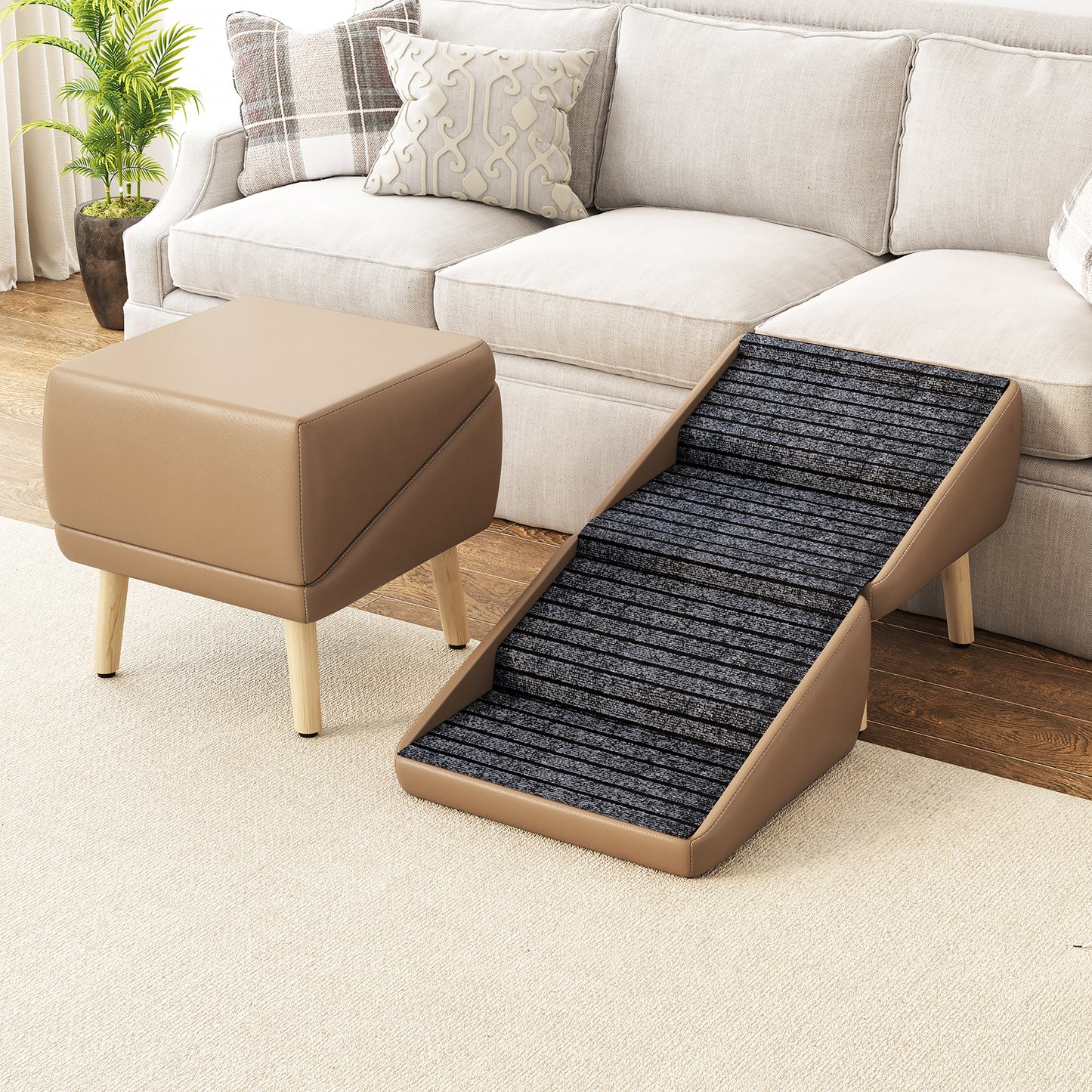 2-in-1 Foldable Dog Stairs & Ottoman – Non-Slip Wooden Pet Steps for Couch & Bed, Safe Ramp Design for Small, Senior & Injured Dogs, Coffee Color