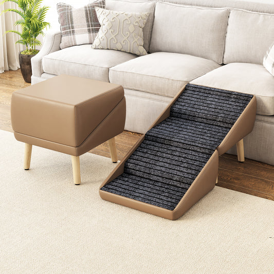 2-in-1 Foldable Dog Stairs & Ottoman – Non-Slip Wooden Pet Steps for Couch & Bed, Safe Ramp Design for Small, Senior & Injured Dogs, Coffee Color