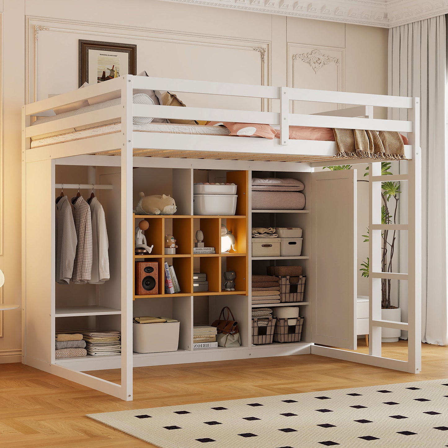 Full Size Wood Loft Bed with Wardrobe, Shelves and Cabinet