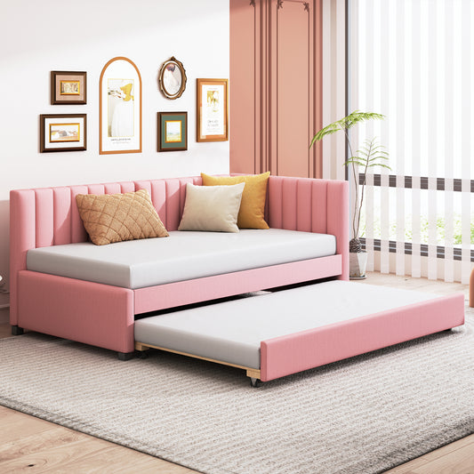 Daybed Sofa Bed, Linen with Trundle, Sofa Seating, and Upholstered for Bedroom or Living Room