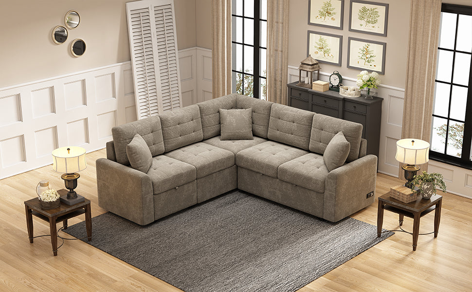 82.6" L-shape Sofa Bed Pull-out Sleeper Sofa with Wheels, USB Ports, Power Sockets for Living Room , Khaki