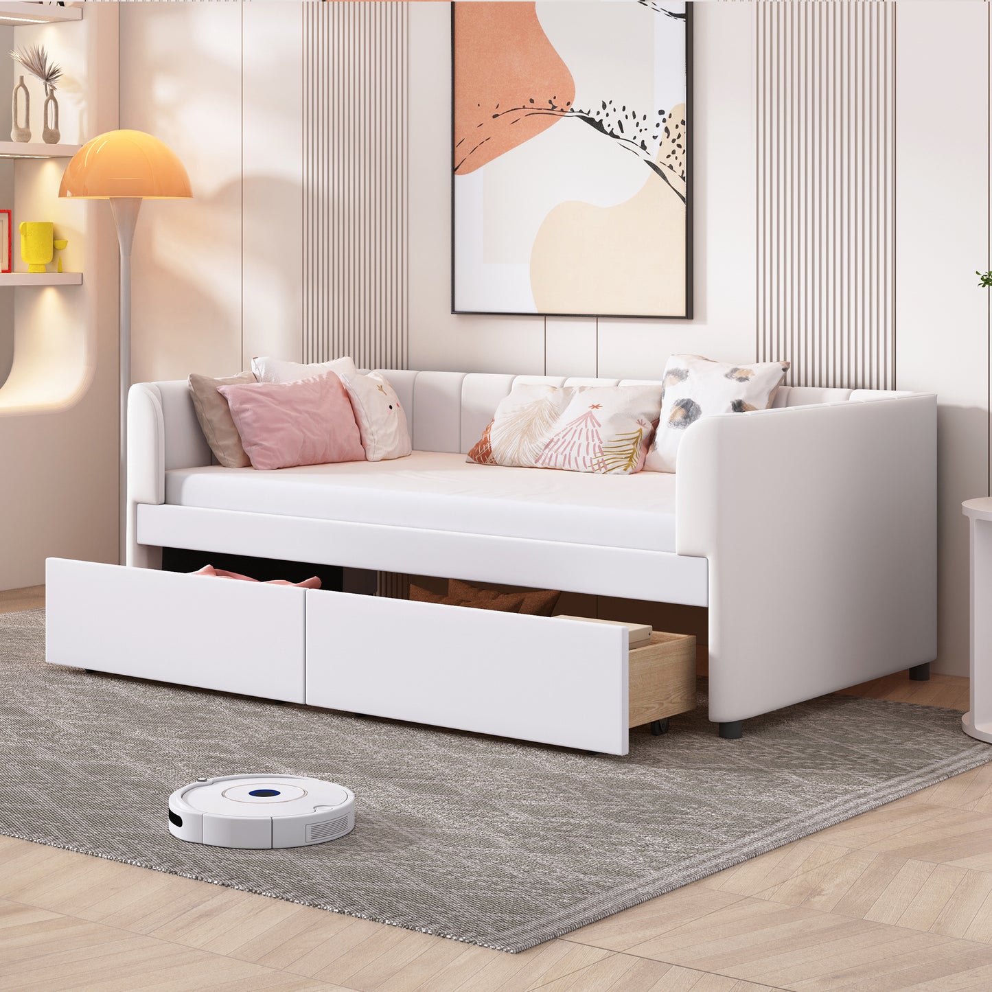 Twin Size Upholstered Daybed with Ergonomic Design Backrest and 2 Drawers