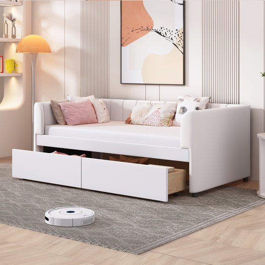 Daybed Twin Beige and Gray Velvet Upholstered with Drawers and Headboard for Bedroom and Guest Room
