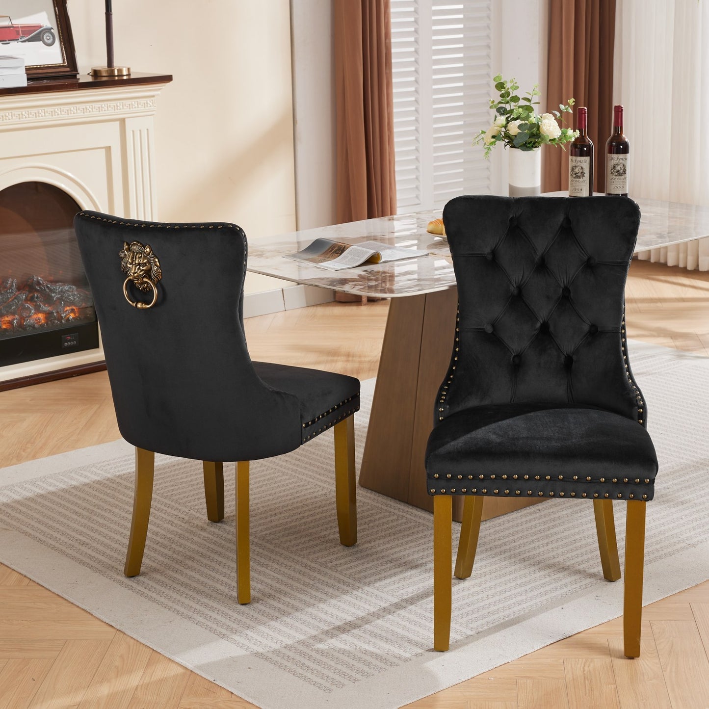 Mid-Century Modern Tufted Velvet Dining Chairs with Lion Head Pull Ring, Golden Wooden Legs
