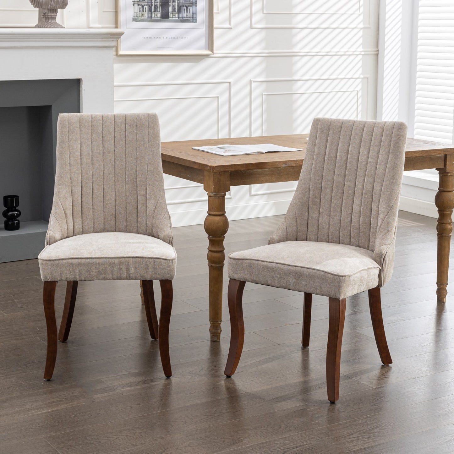 Rayon Cloth Flocking Linen Dining Chairs Channel Kitchen Dinner Chair Comfy Fabric Upholstered, set of 2