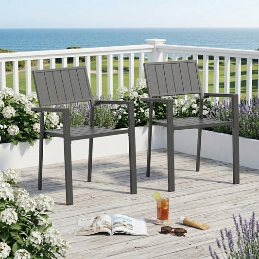 Set of 2 Modern Black Metal Patio Dining Chairs with Ergonomic Slatted Seats