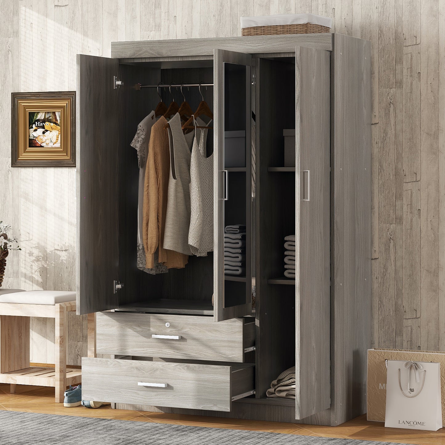 3-Door Mirror Wardrobe with shelves