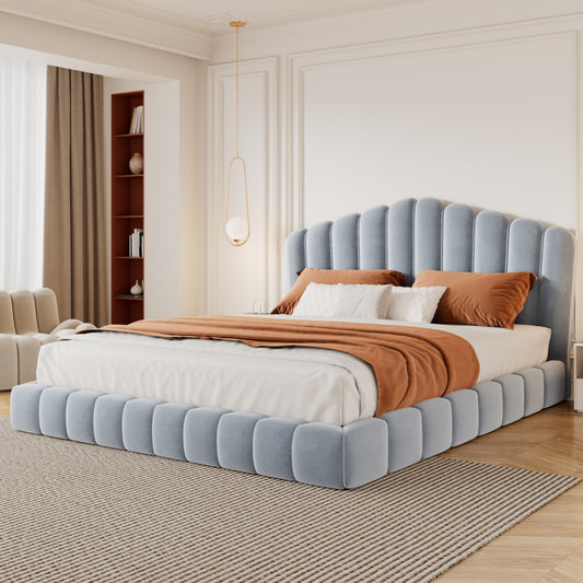 Platform Bed Light Blue Upholstered with Headboard for Bedroom or Guest Room