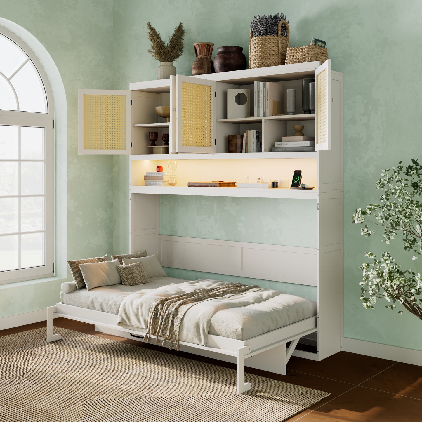 Murphy Bed with Top Cabinet, Space Saving Foldable Bed with Light & USB