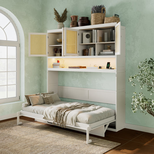 Murphy Wall Bed, MDF, LVL and Plywood with Top Cabinets, USB and Outlet Feature, and LED/Light Feature for Bedroom or Home Office