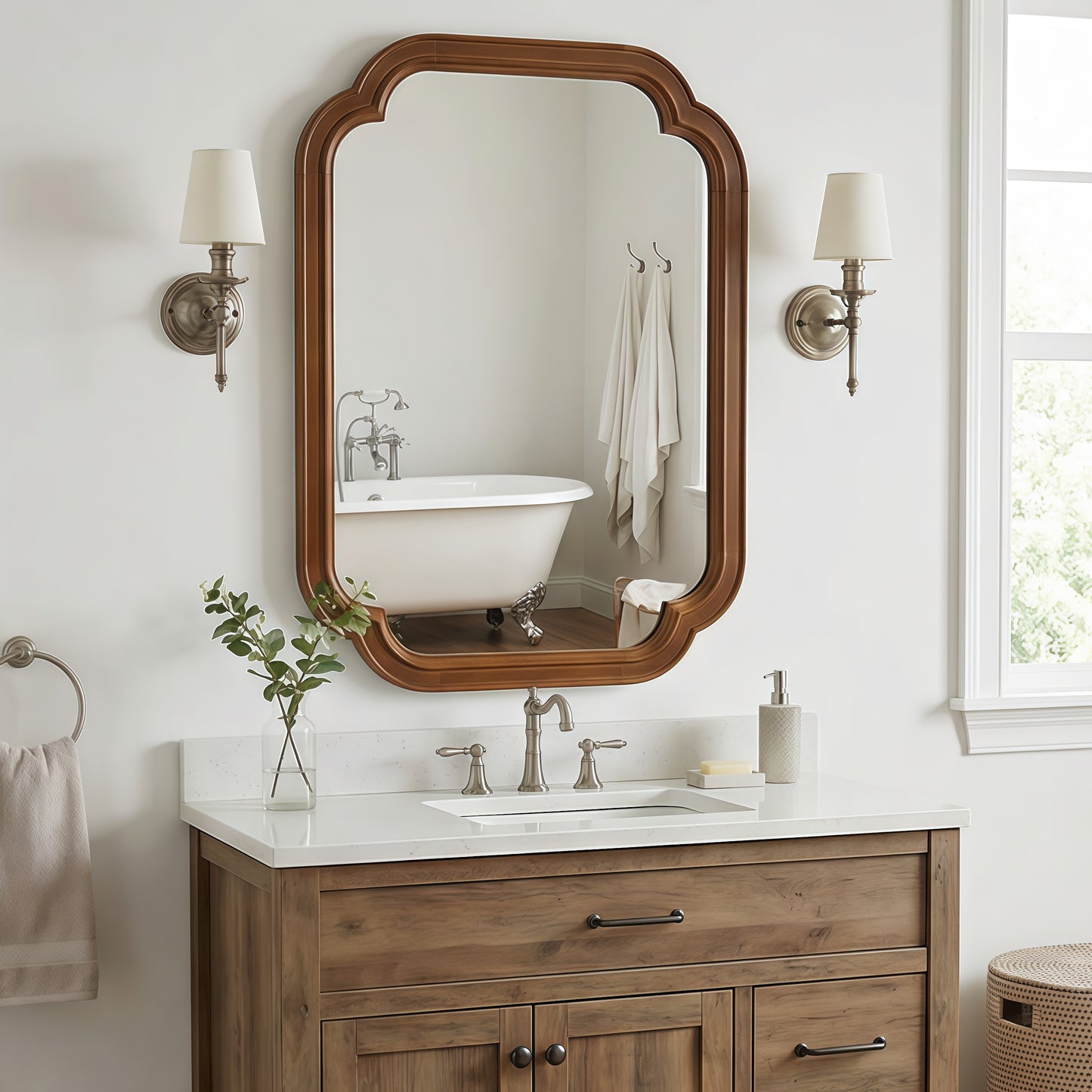 Solid Wood Frame Rounded Corner Decorative Mirror, For Bedroom, Bathroom, Living Room, Entryway