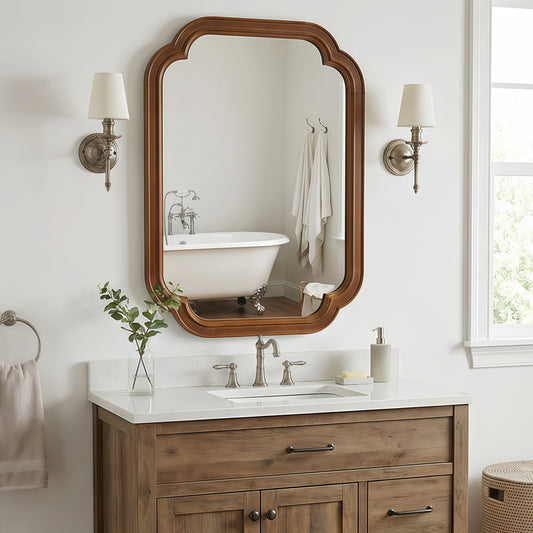 Black Walnut Solid Wood Wall Mirror, Rounded Corner Decorative Vanity Mirror, Available in 24' X 36' and 20' X 30' sizes for Bathroom, Bedroom, Living Room & Entryway