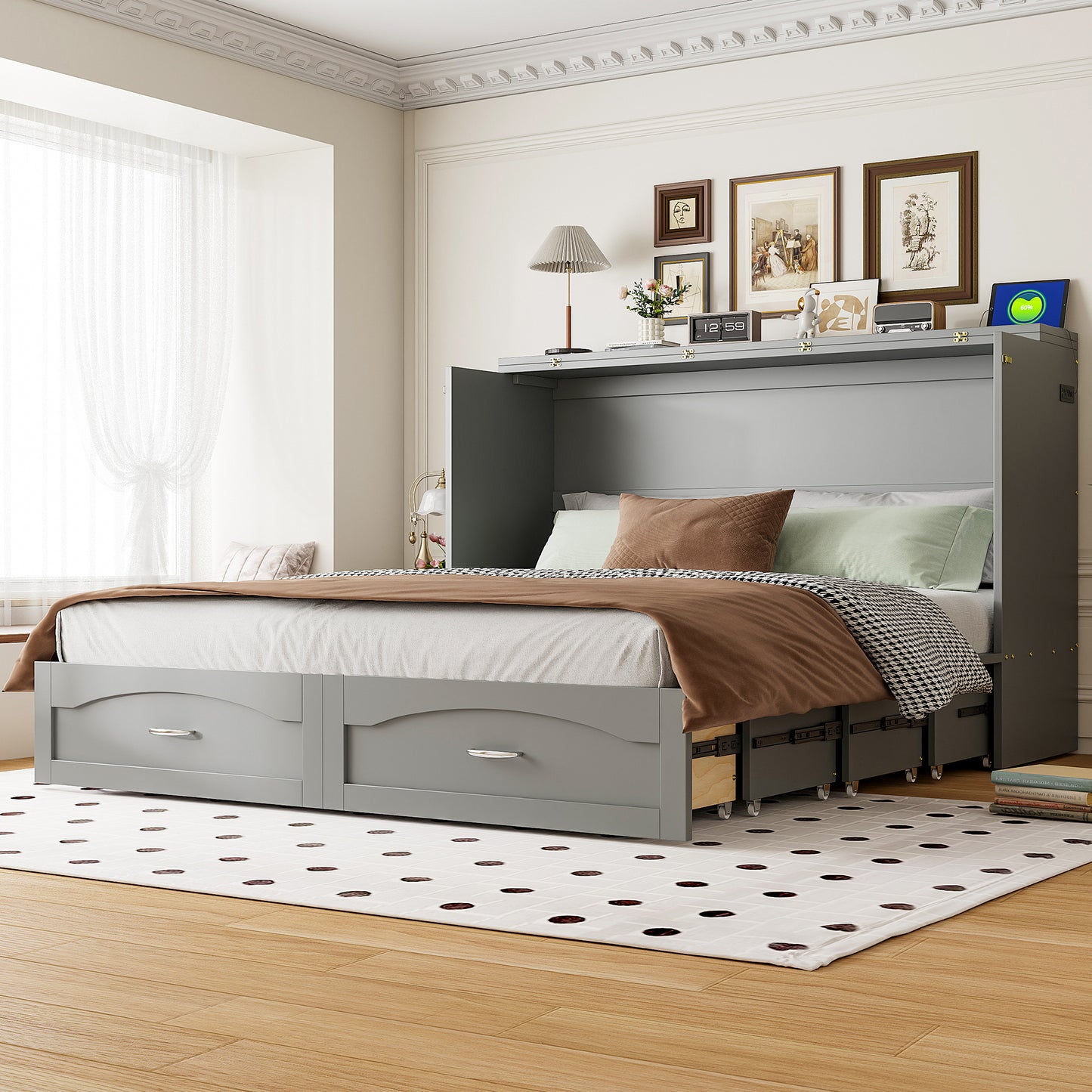Queen Size Murphy Bed Wall Bed with Drawer, Sockets & USB Ports, Pulley Structure