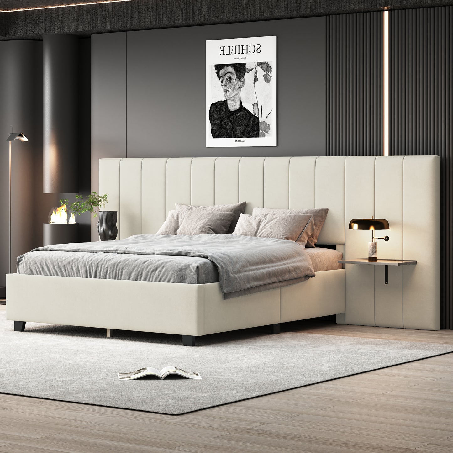 Queen Size Upholstered Platform Bed with Big Headboard, Bedroom Furniture, Velvet