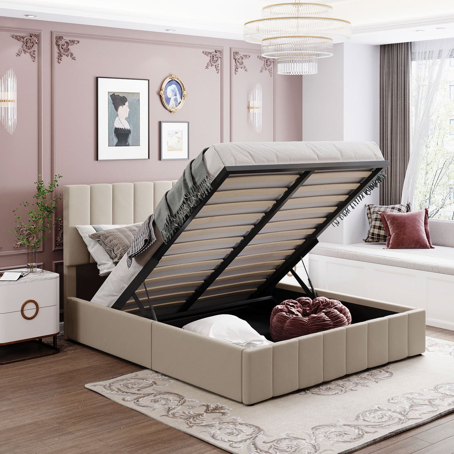Queen Size Upholstered Platform Bed with a Hydraulic Storage System