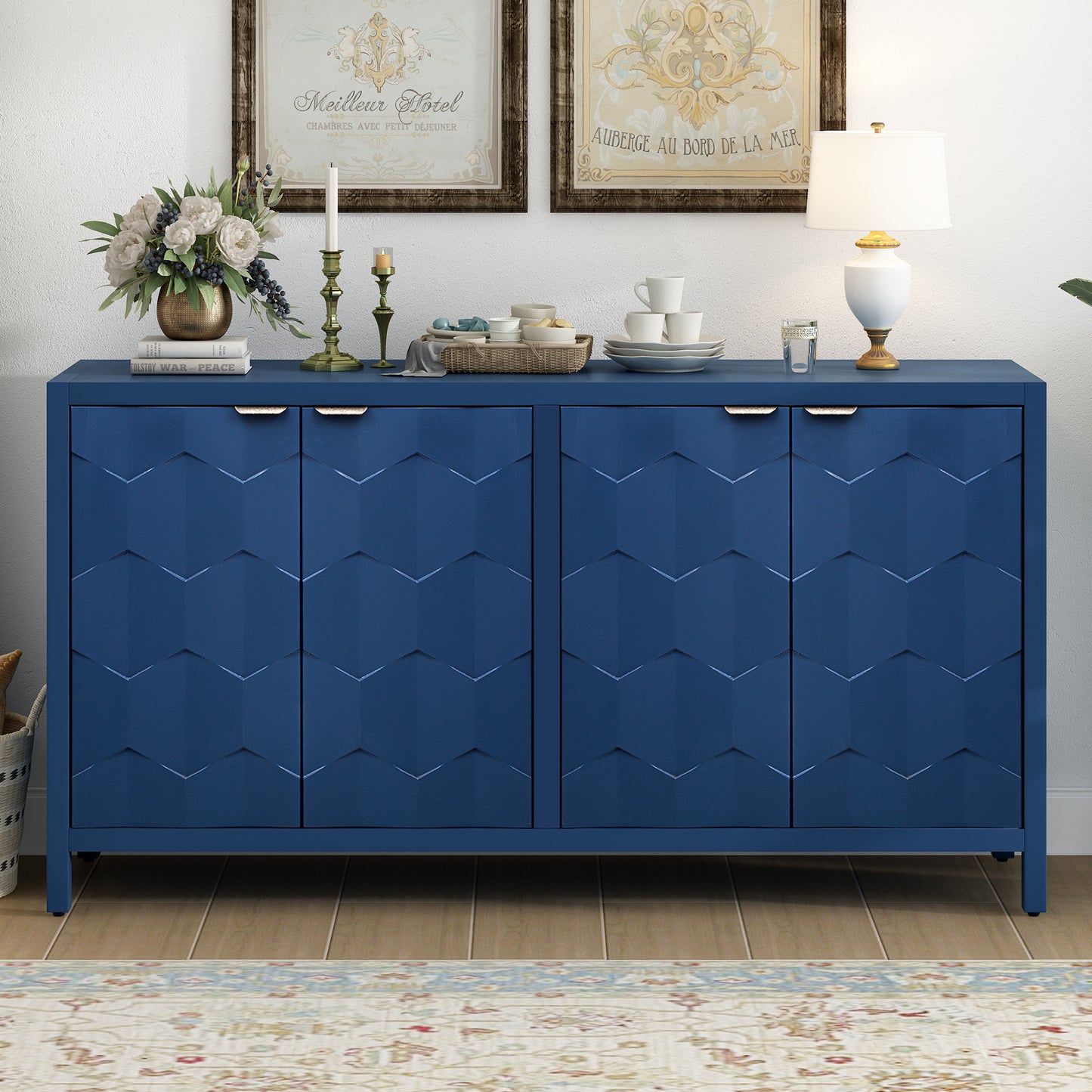 Luxurious Four-Door Sideboard with Honeycomb Patterned Doors, Offering Ample Storage for Study,Entrance and Living Room