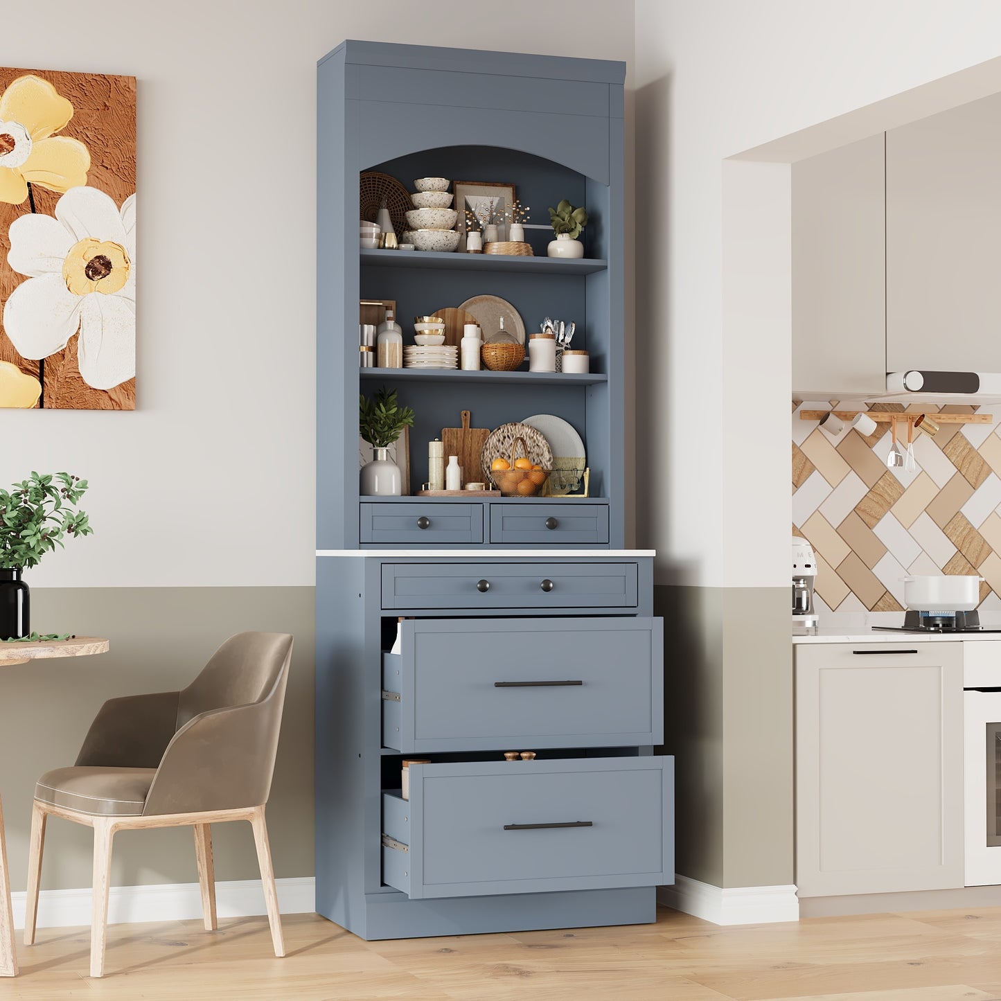 Modern 83.7inch High Kitchen Pantry, Freestanding Tall Kitchen Hutch with Faux Marble Top, Display Cupboard Cabinet with