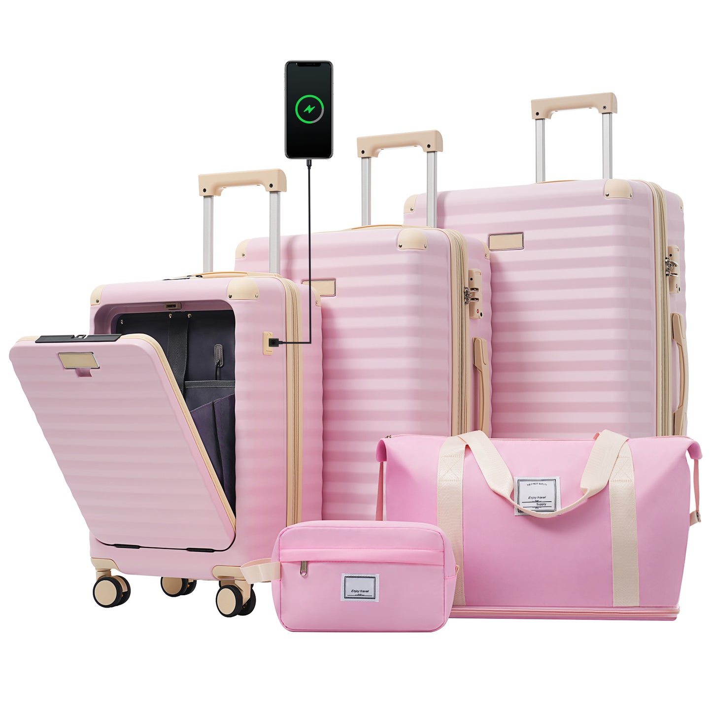 Luggage Sets 5 Piece with Front Opening , Hardside Expandable Carry on Suitcase with Spinner Wheels TSA Lock USB Port  C