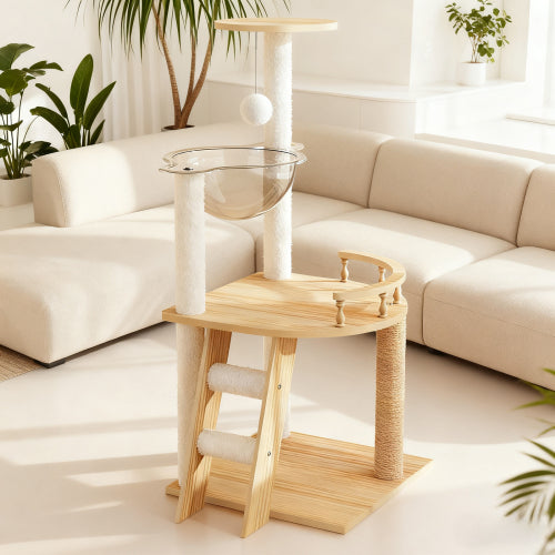 41.3" Modern Wood Cat Tree Tower – Multi-Level Cat Condo with Sisal Scratching Posts, Acrylic Hammock & Top Perch for Small and Large Indoor Cats