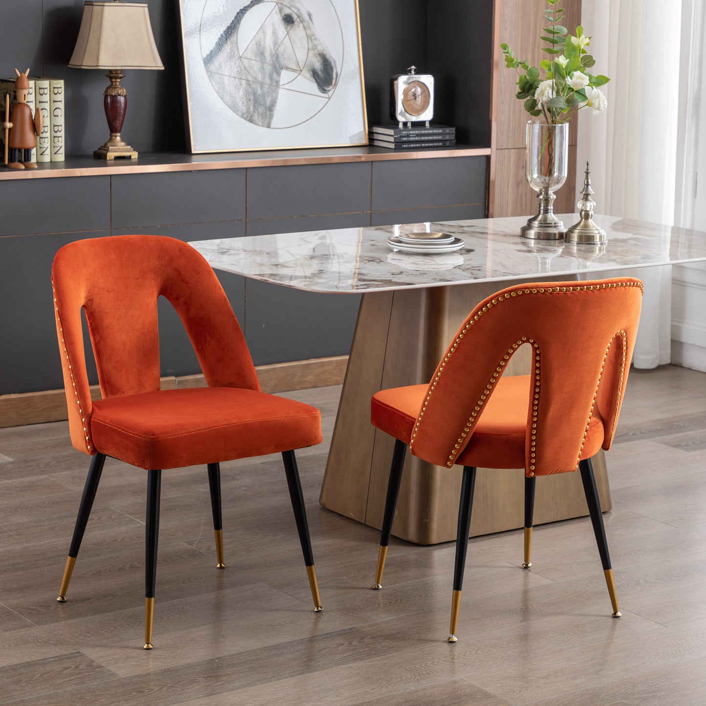 Akoya Collection Modern | Contemporary Velvet Upholstered Dining Chair with Nailheads and Gold Tipped Black Metal Legs, Set of 2