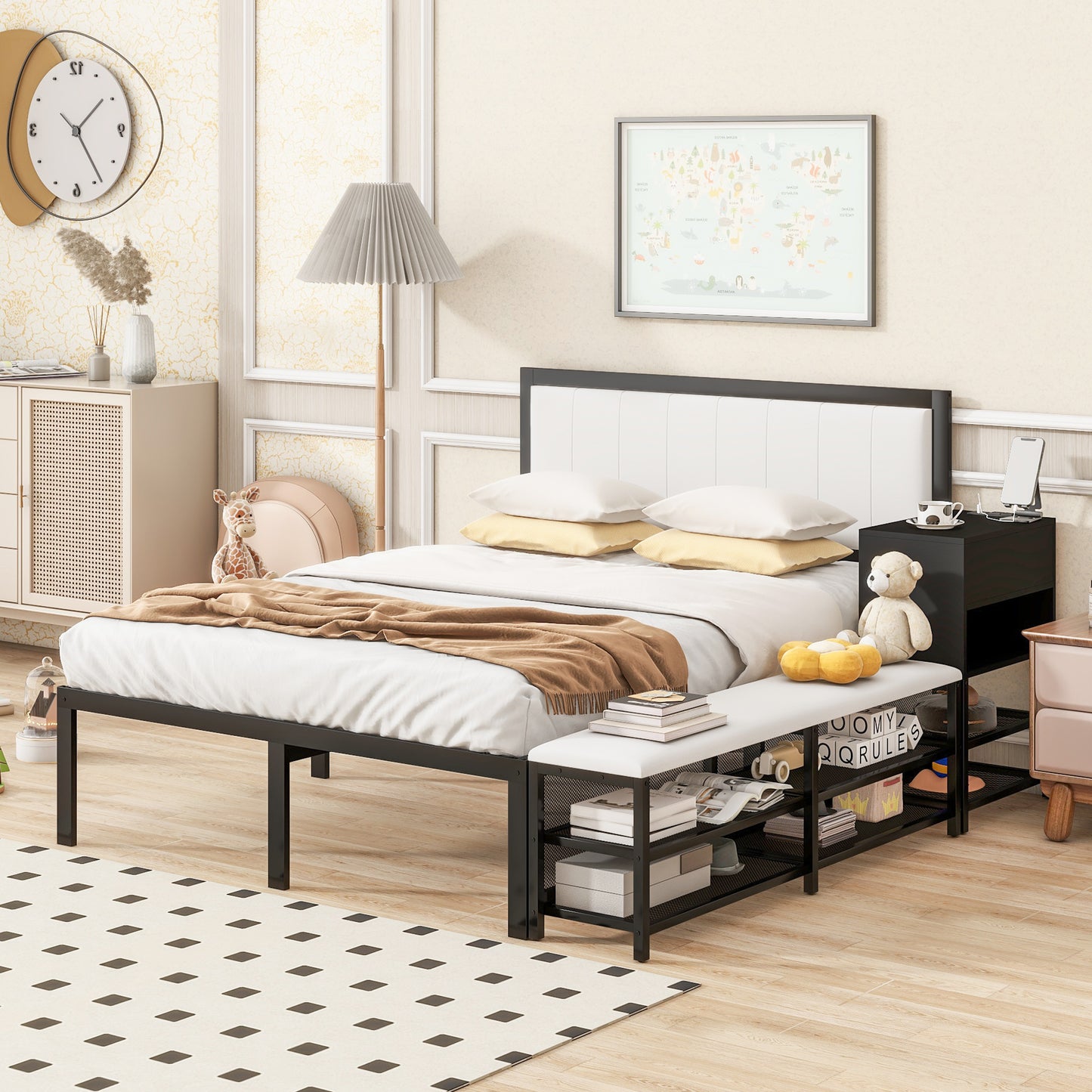 Metal Platform Bed with Two-Tier Storage Shelves and Wooden Storage Cabinet