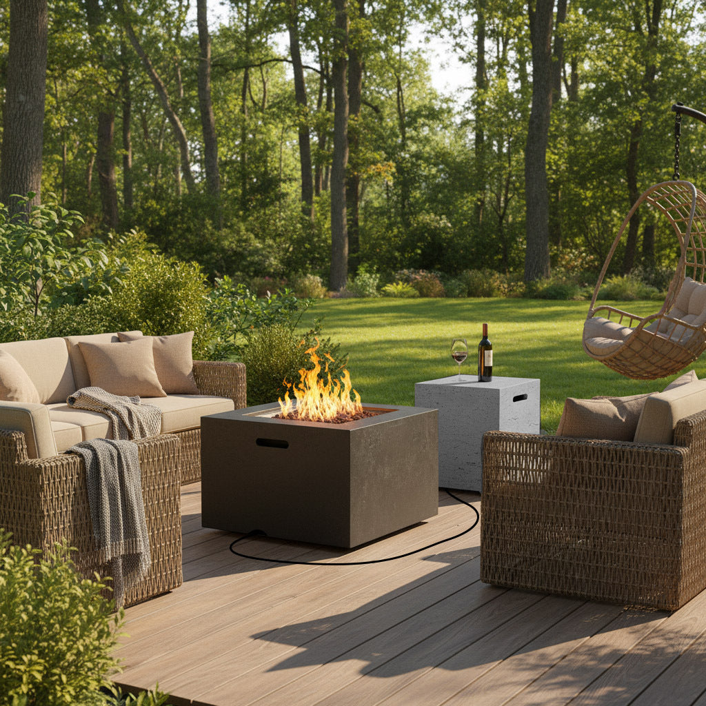 24.02'' Square MGO Propane Fire Pit Set, 40,000 BTU Outdoor Fire Pit Table with Steel Burner, Adjustable Flame, Lava Roc