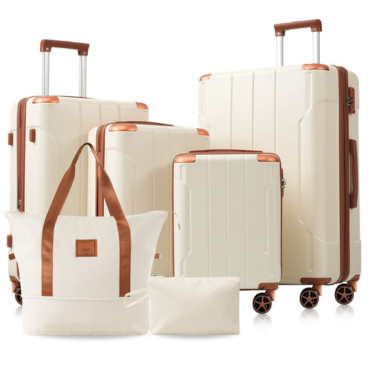 Brown white 6-Piece ABS Hardshell Luggage Set with TSA Lock, Expandable