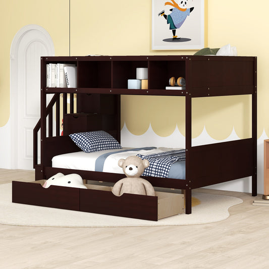 Bunk Bed Full Espresso, Gray, and White Solid Wood and MDF with Drawers and Shelves for Bedroom and Guest Room