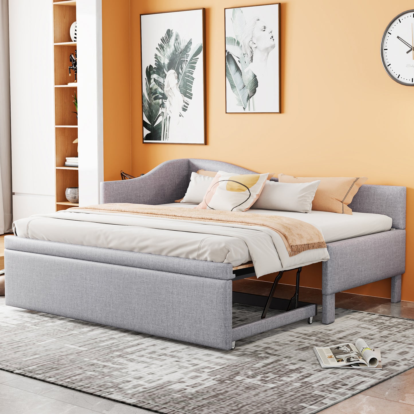 Twin Size Upholstered L-Shaped Upholstered Daybed with Pop Up Trundle