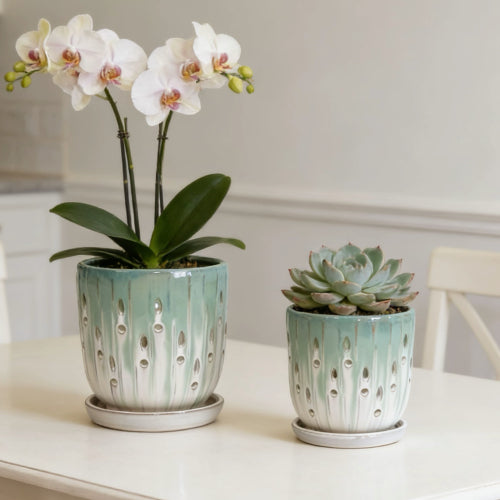 Set of 2 Ceramic Flowerpot with Drainage Hole, 8' Modern Planter for Patio, Garden, Windowsill - White Green
