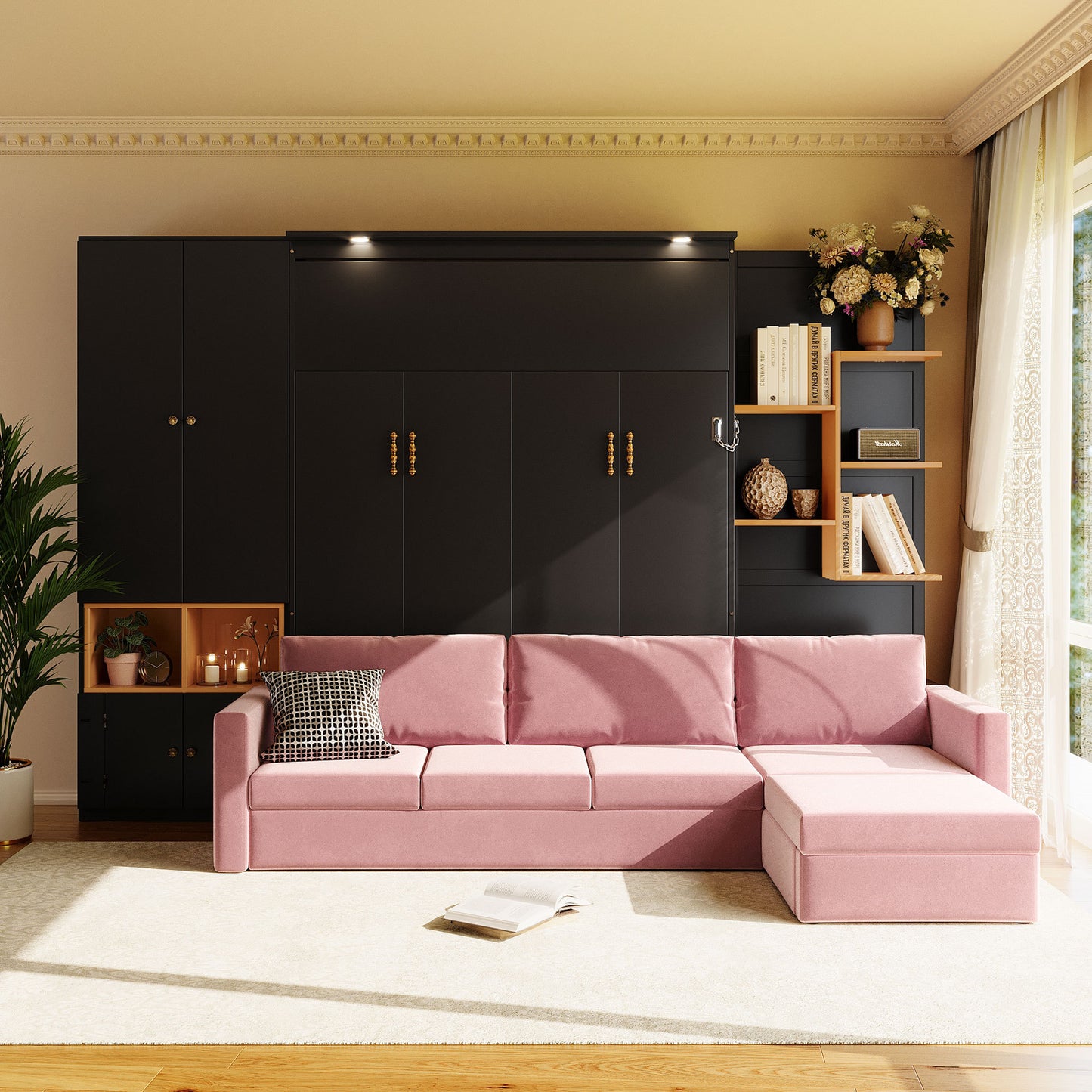 Queen Size Murphy Bed with Large Sofa, Storage Shelves & Cabinets, Modern Space-Saving