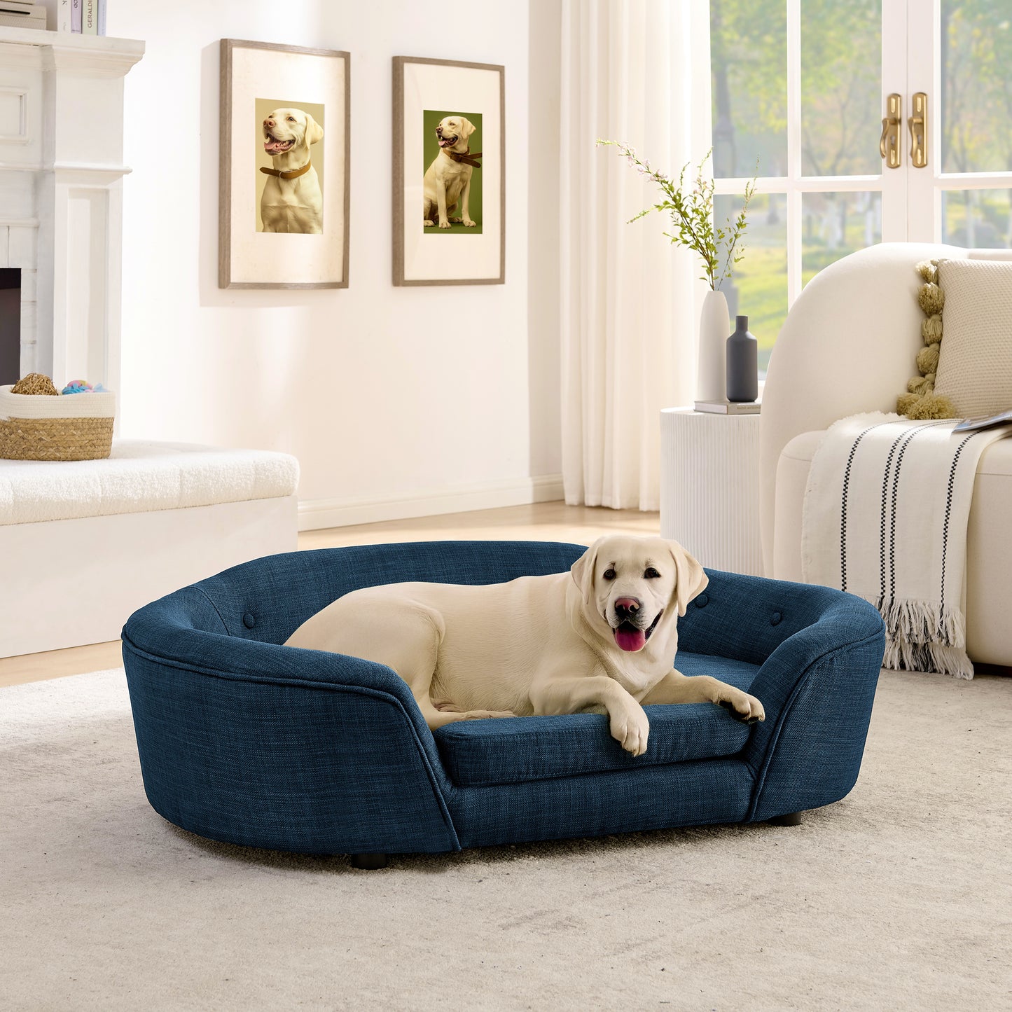 Oval Semi-Enclosed Dog Sofa - Durable Linen Material, Button-Tufted Backrest,High-center low sides support