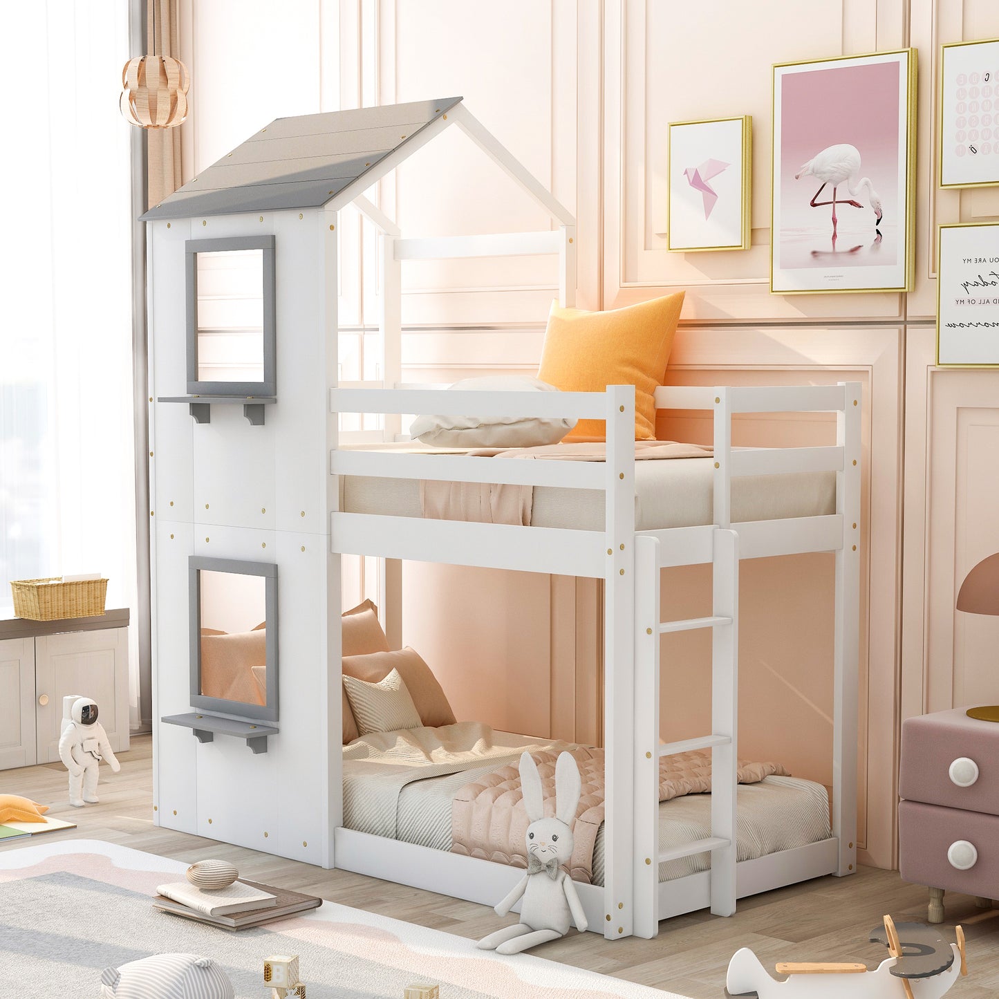 Twin Over Twin Bunk Bed Wood Bed with Roof, Window, Guardrail, Ladder