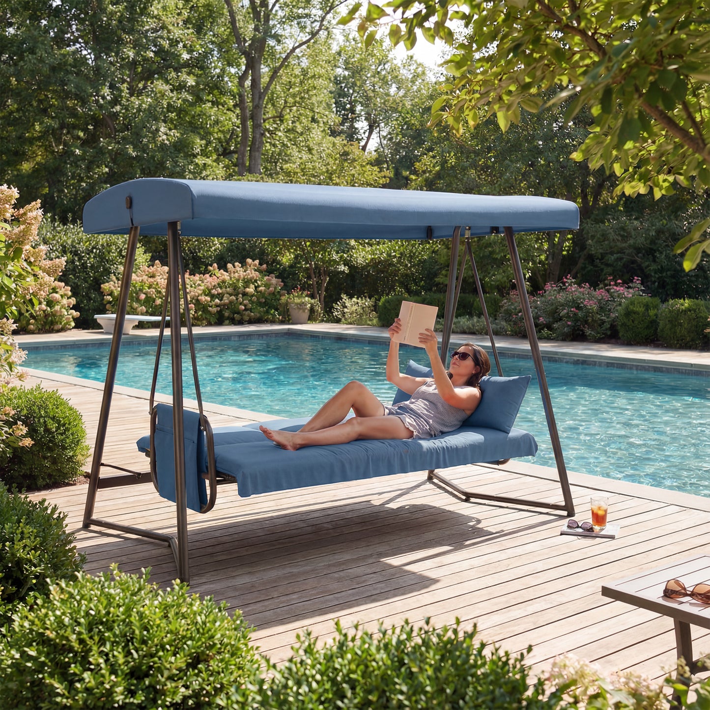 3-in-1 Hanging Patio Swing Bed with Adjustable Canopy,3-Seater Supports 600 lbs ,45°Tilt Canopy,Outdoor Waterproof