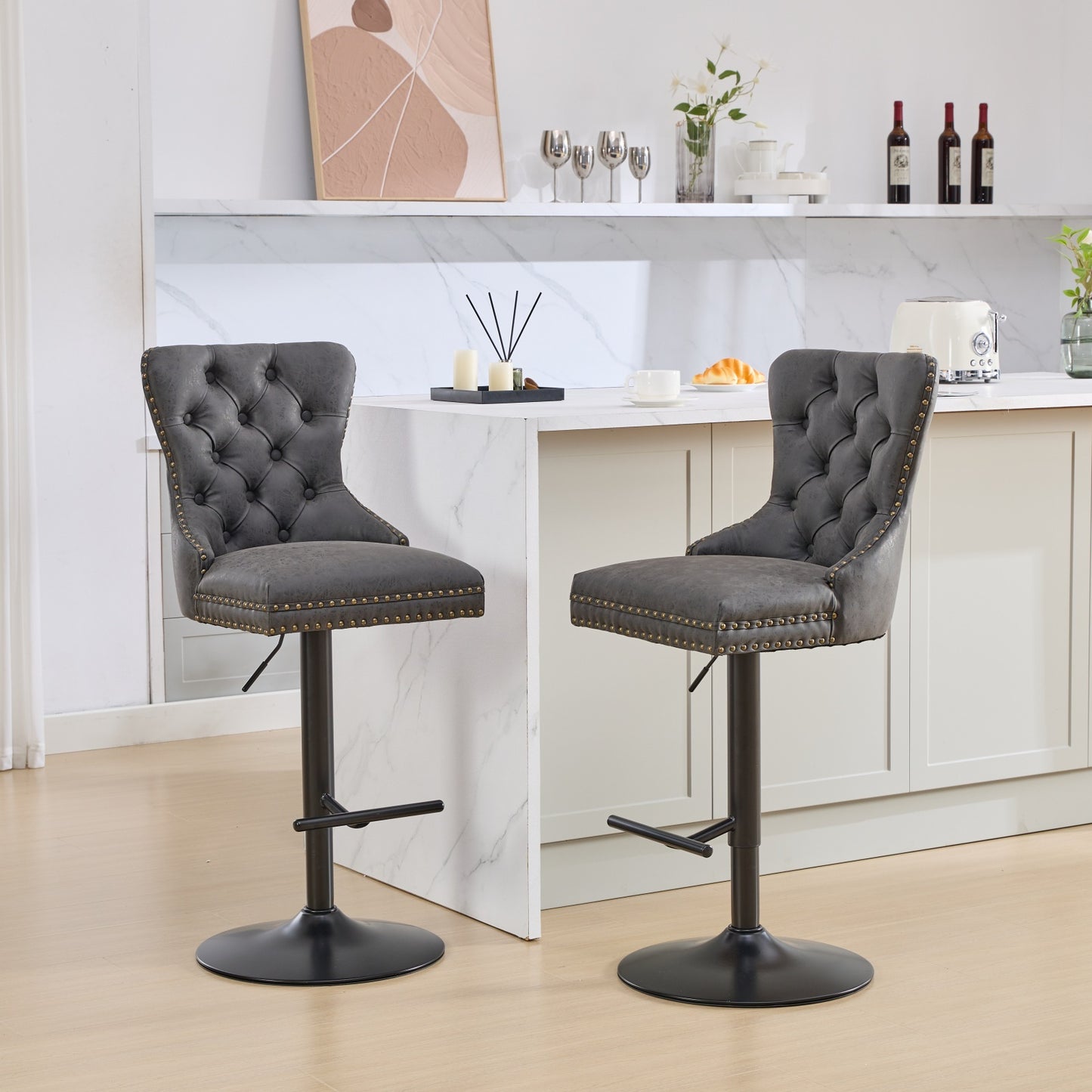 Aged and Retro PU Swivel Barstools, Adjustable Height 26-33 Inch