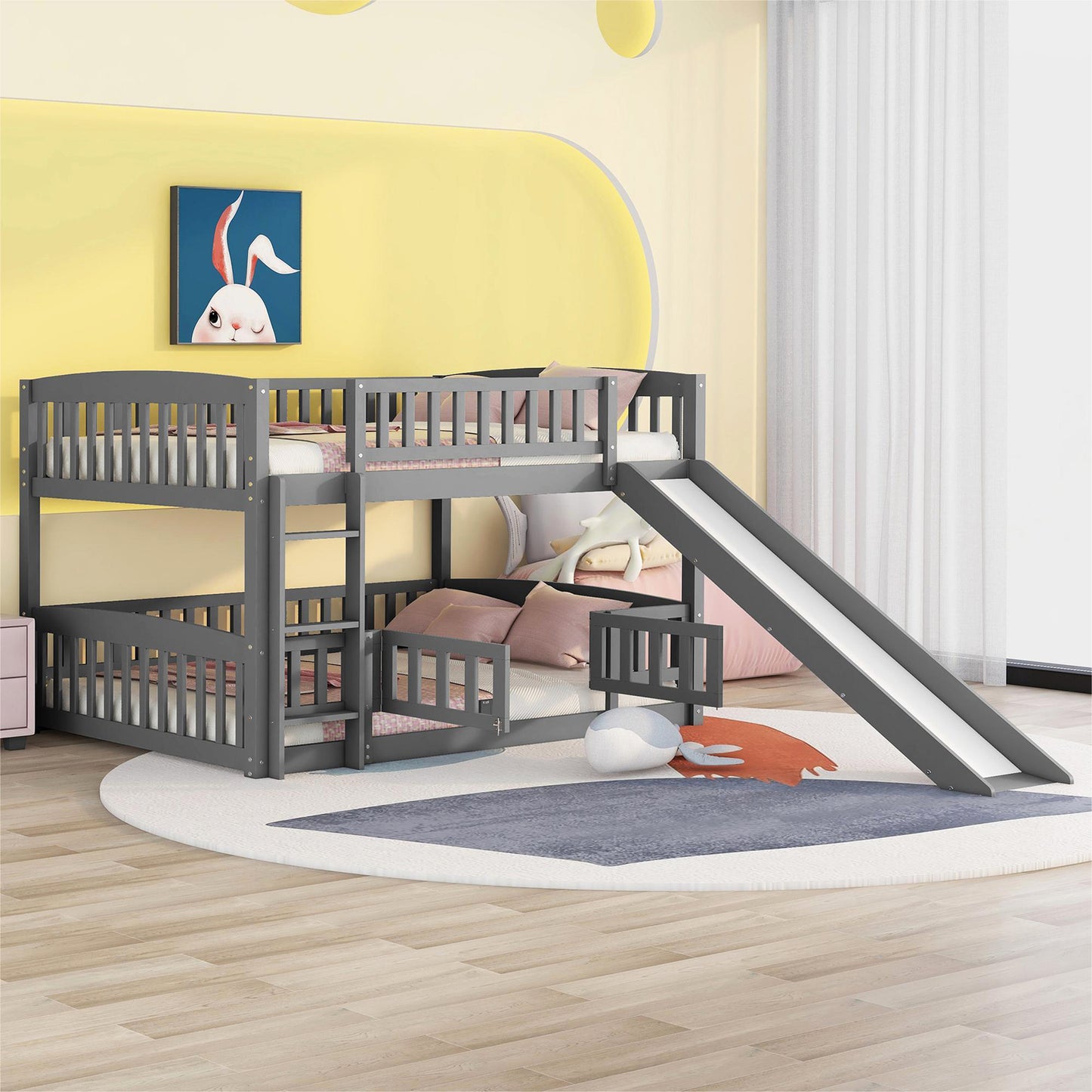 Full Over Full Low Bunk Bed with Slide, Fence and Ladder for Toddler Kids Teens