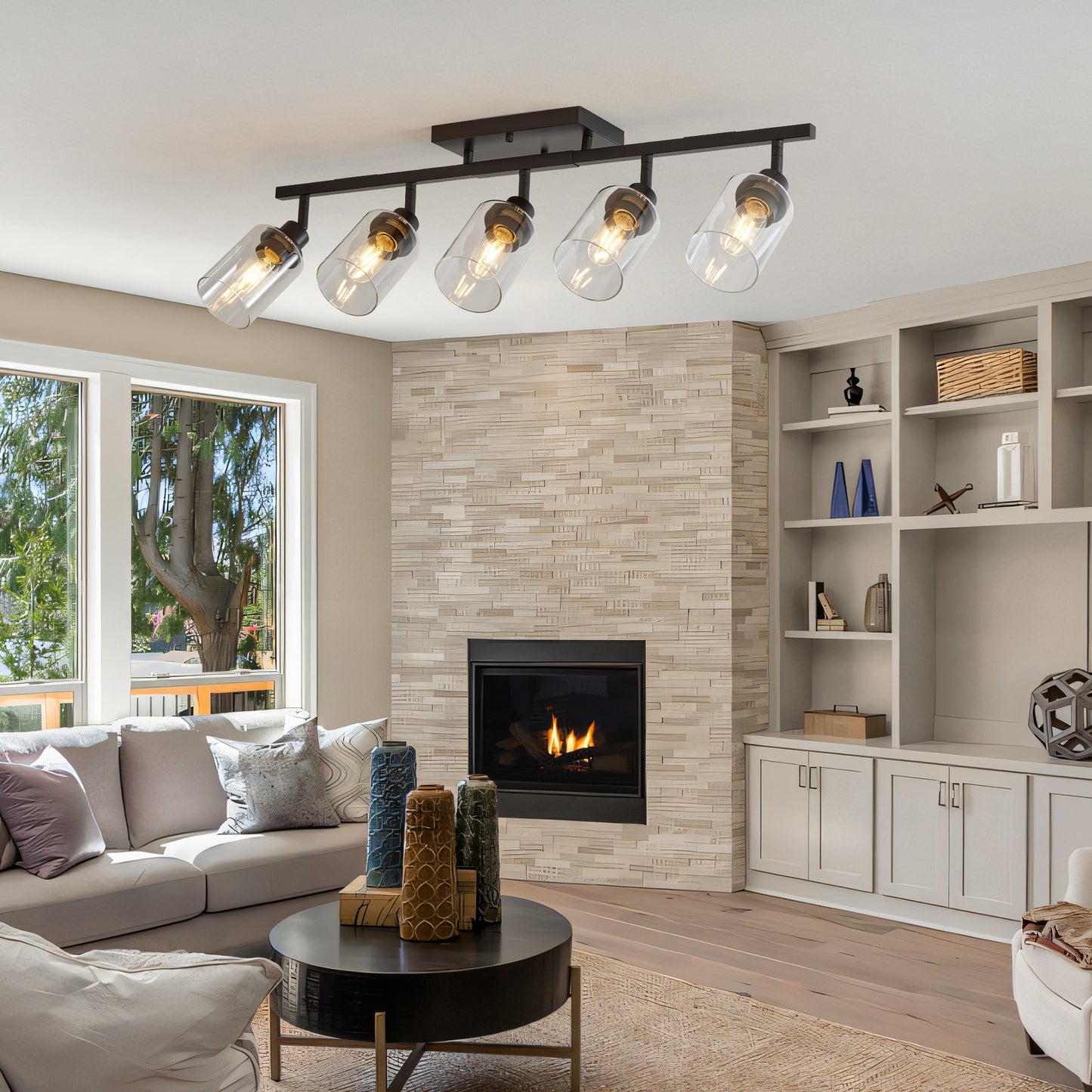 Modern Black Track Lighting Kit with Clear Glass Shades, Rotatable Semi Flush Mount Ceiling Light Fixtures