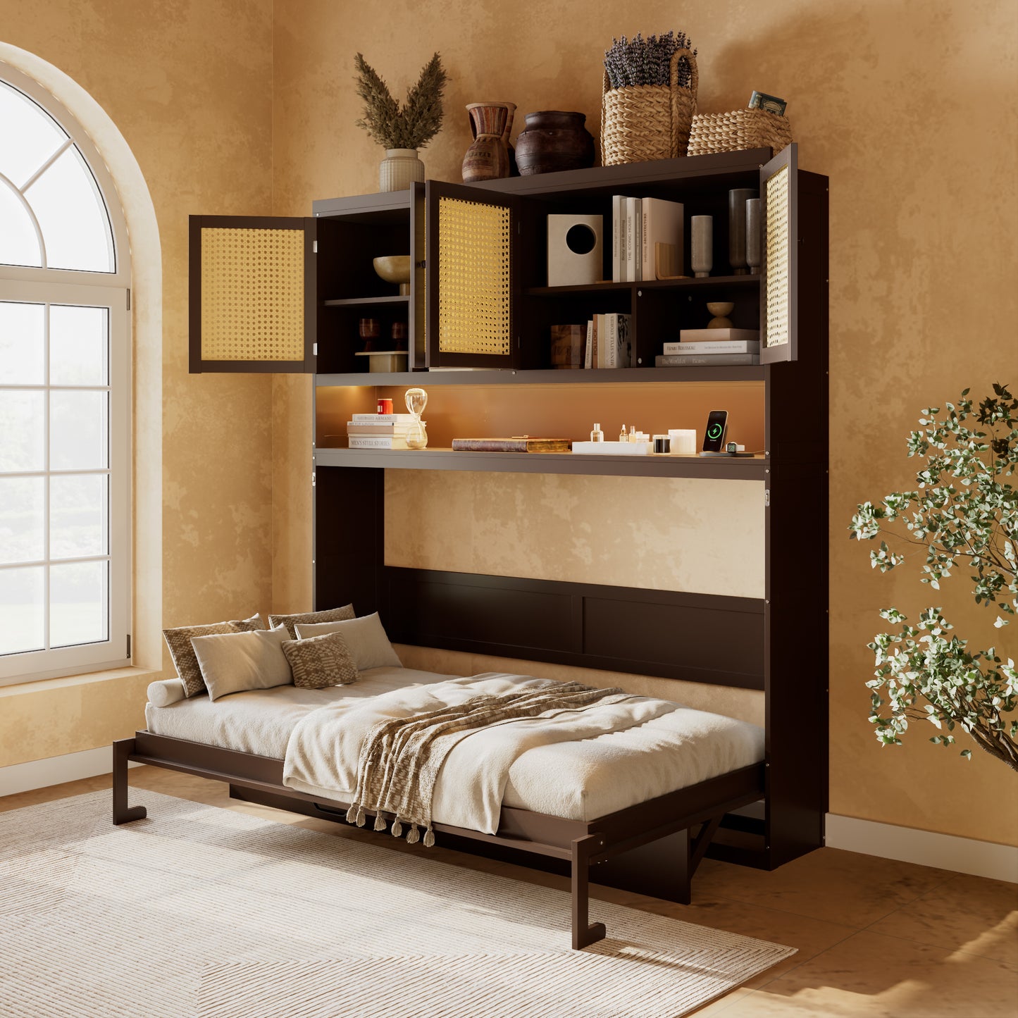 Murphy Bed with Top Cabinet, Space Saving Foldable Bed with Light & USB
