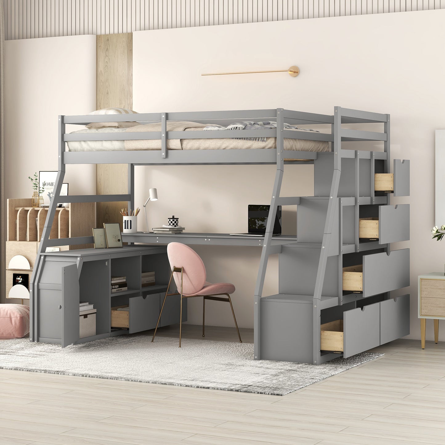 Twin Size Loft Bed with 7 Drawers 2 Shelves and Desk