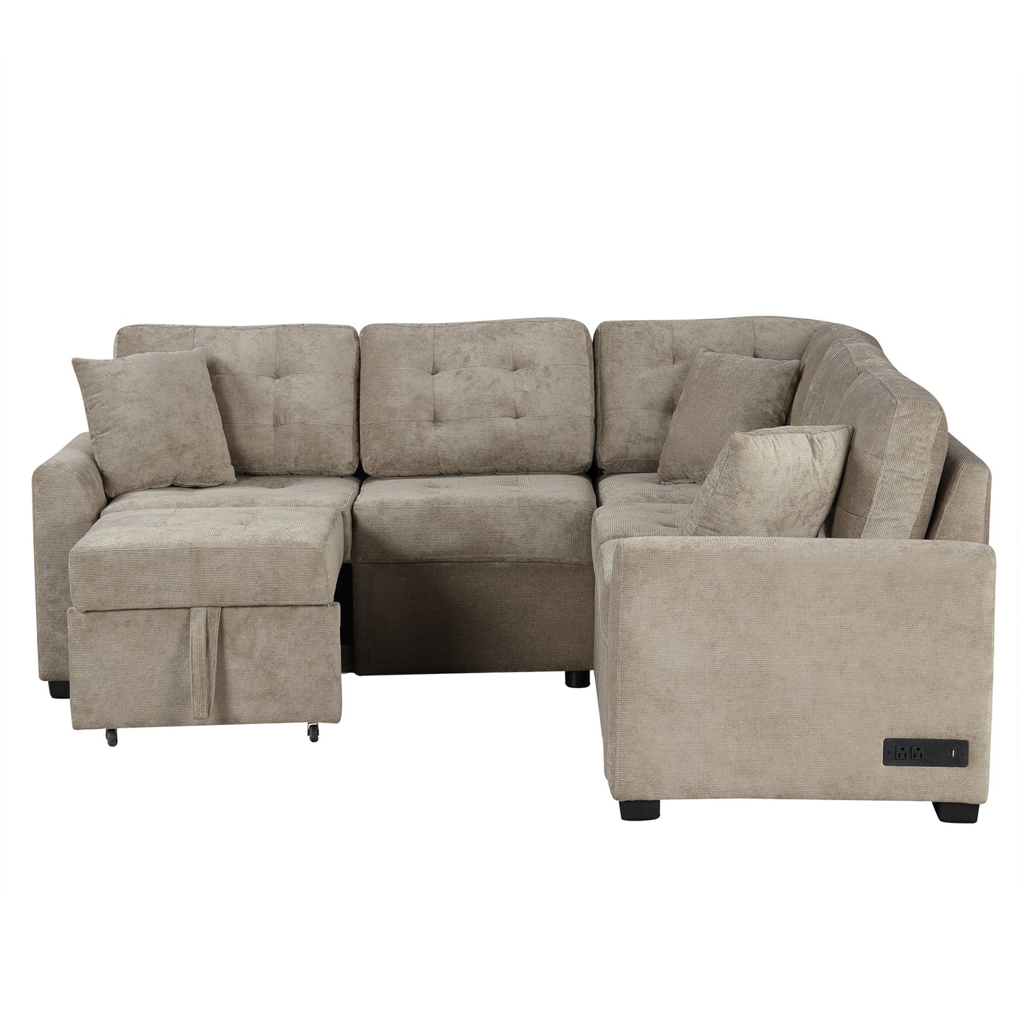 82.6" L-shape Sofa Bed Pull-out Sleeper Sofa with Wheels, USB Ports, Power Sockets for Living Room , Khaki