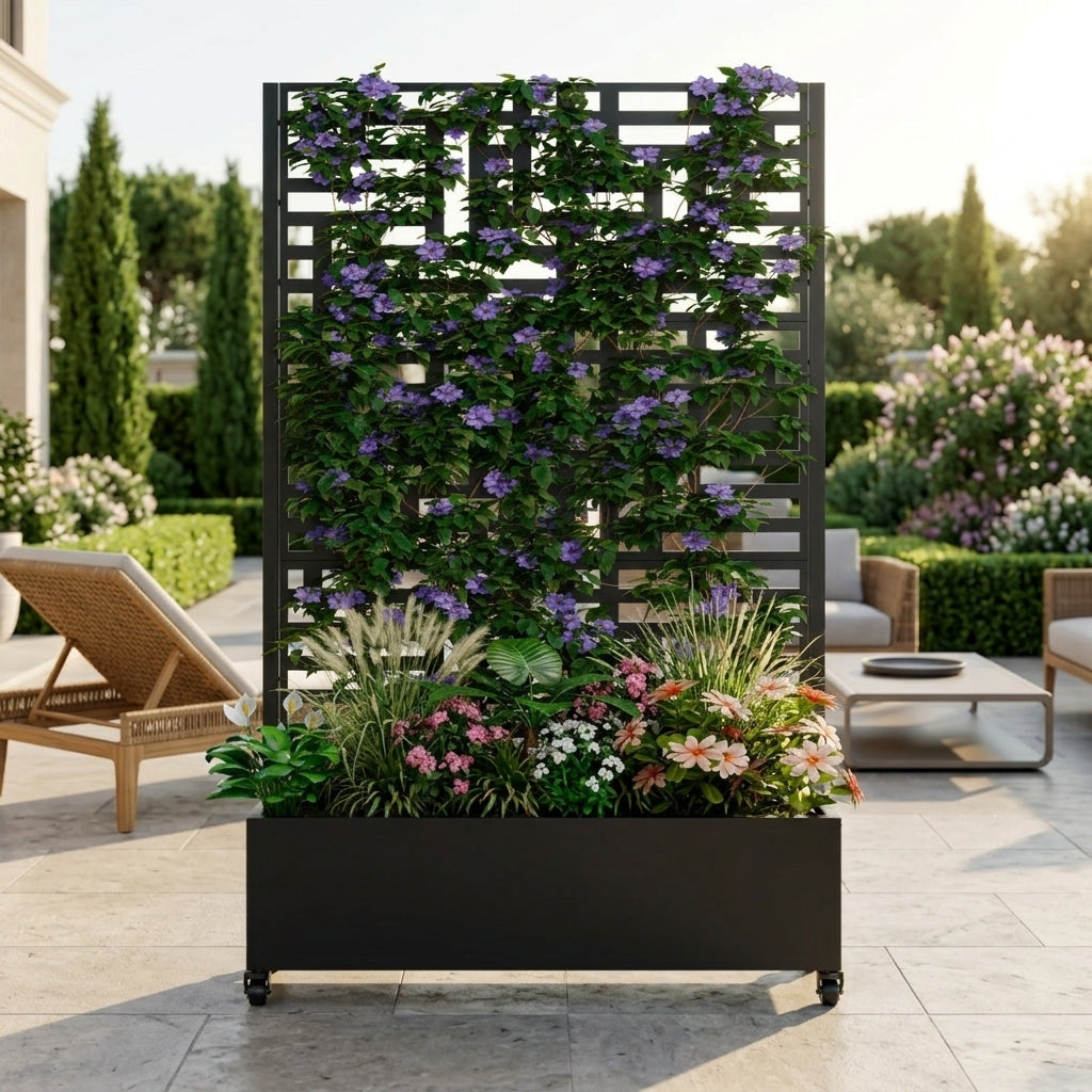Metal Raised Garden Bed with Trellis, Drainage Holes & Lockable Wheels