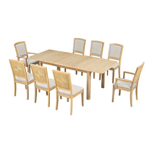 Dining Table Set Rustic Rubber Wood Natural with Extendable Design for Dining Room or Kitchen