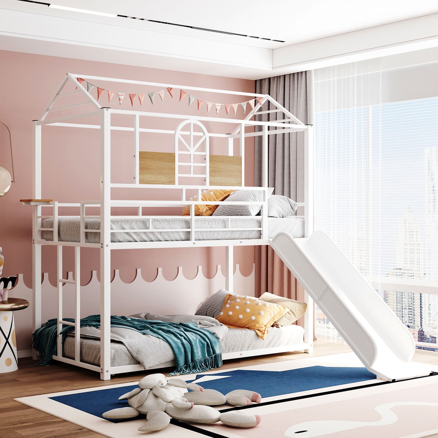 Twin Over Twin Metal Bunk Bed ,Metal Housebed With Slide,Three Colors Available.(White with White  Slide)